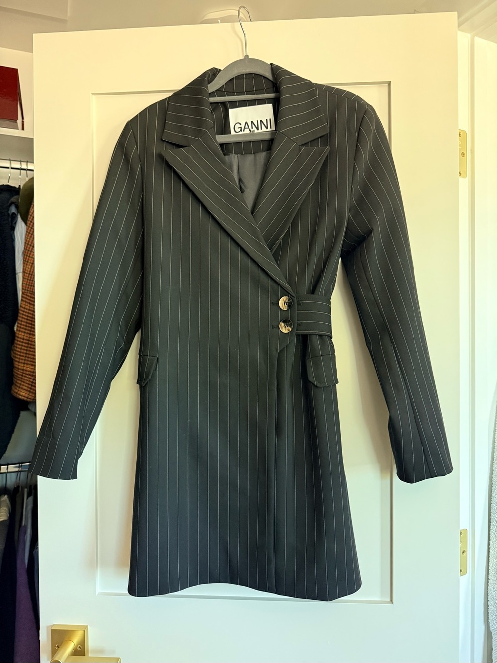 Ganni Navy Pinstripe Tailored Double-Button Blazer Dress